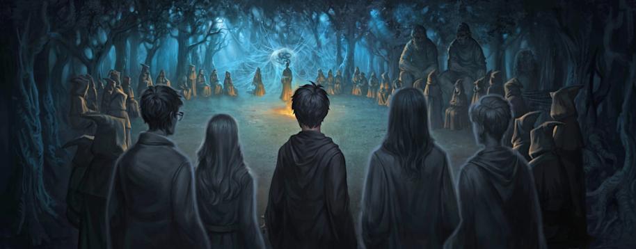 Harry, accompanied by the spirits of his dead family and friends, approaches Lord Voldemort prepared to die.
