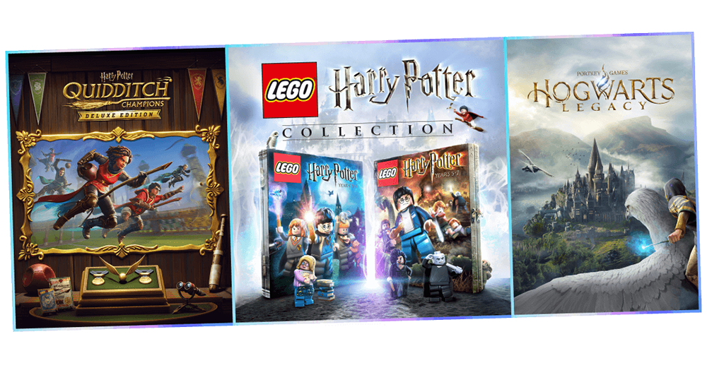 The Hogwarts Legacy, Harry Potter: Quidditch Champions and the LEGO® Harry Potter collection covers